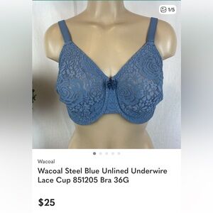 Wacoal Steel Blue Unlined Underwire Lace Cup 851205 Bra 36G